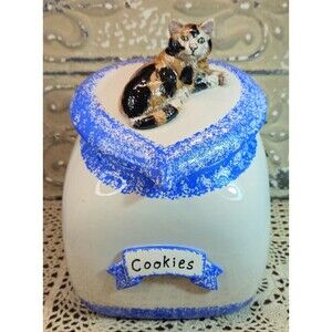 Vtg 1999 Signed Handcrafted & Painted Spongeware Ceramic Cookie Jar w/ Cat Lid